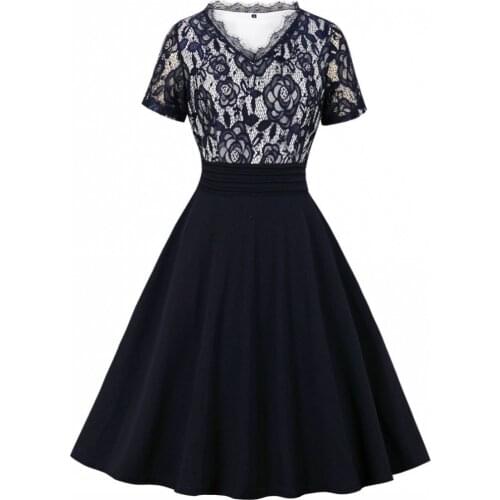 Lady Lace Short-sleeved Dress Stitching High Waist Sexy Slim Casual MIDI Skirt 2021 Summer New Black Elegant Big Swing Dress