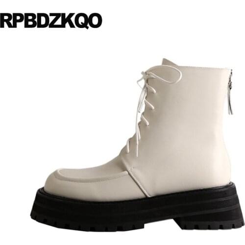 2021 Muffin Black White Flat Fashion Army Front Lace Up Casual Ankle Boots Autumn Women Harajuku Shoes Flatform Short Platform