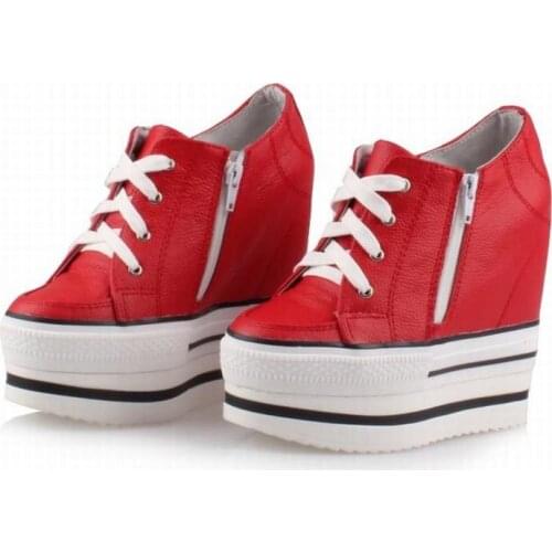 Thick Bottom Wedges 100% Genuine Leather Fashion Women Lace Up Casual Breathable Height Increasing Zipper Platform Single Shoes