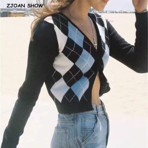 6 COLORS Vintage Rhombic Plaid Single Breasted Button Cardigan Retro Sweater Woman V-neck Long Sleeve Jumper Cropped Knitwear