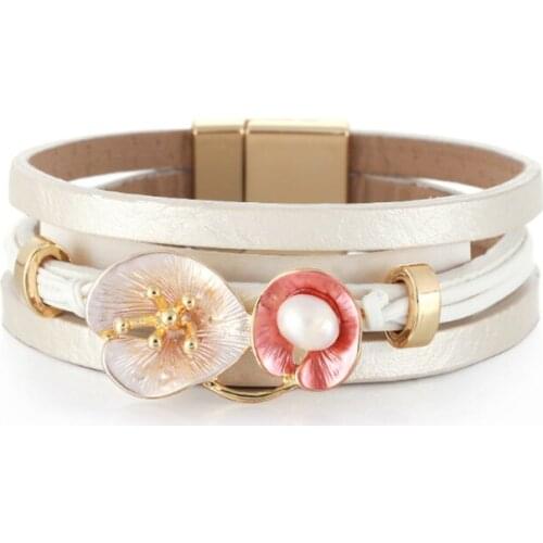 Vintage Eternal Flower Pearl Bracelet Leather Chain Metal Women Fashion Temperament Jewelry