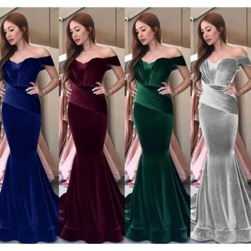 Maxi Velvet Dresses for Women Bare Shoulder Sexy Occassion Party Event Bodycon Evening Night Robes Female Elegant Ladies Fashion