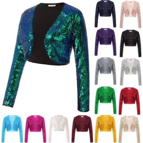 Casual Jacket Women Tops Shining Sequined Long Sleeve Cropped Length Shrug Open Front Bolero Cool Fashion New Clothes Lady Youth
