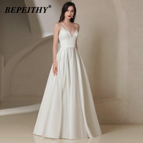 BEPEITHY Sexy Backless Prom Dress 2021 V Neck Sleevless Floor Length Ivory Long Evening Dress For Wedding-Party Robes De Soirée