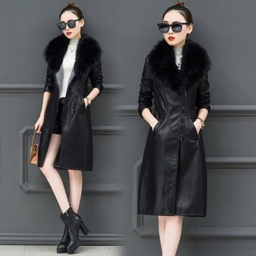 Winter PU Leather Jacket Women Plus Velvet Thickening Long Korean Coats 2019 New Slim Large Fur Collar Windbreaker Jacket f1829