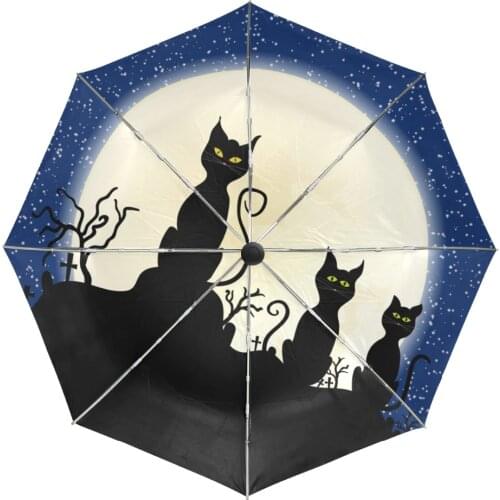 Night Sky Milky Way Moon Cat Windproof Umbrella Automatic 3 Folding Uv Protection Portable Light Umbrella with Slip-Proof Handle
