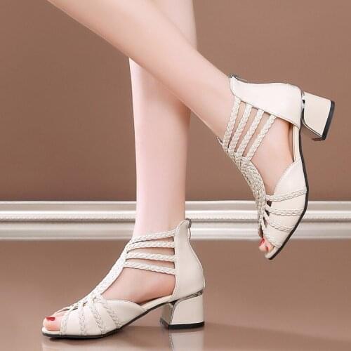 2021 New Style Fashion Women Summer Leather Sexy High Heel Party Shoes Ladies Mid Heel Peep Toe Casual Non-slip Back Sandals