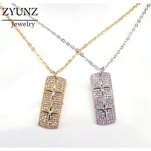 6PCS, Classic Gold / Silver Color Rectangle Bar Star Shaped Pendant Necklace Zirconia Micro Pave CZ Fashion Jewelry
