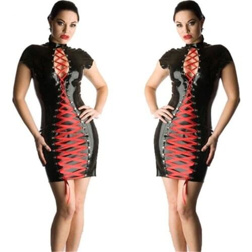 Free Shipping Women Fashion Sexy Wet Look Mini Dress Faux Leather Clubwear Party Costume Fetish Dress Fast Shipping