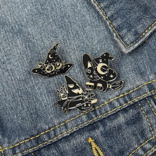 INS Tide Personality Black Magic Cat Brooch Halloween Wizard Hat Pin Creative Flower Hat Badge Fashion Wild Clothing Accessories