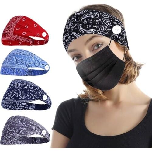 Women Nurses Headbands with Buttons for Face Mask Ear Protection Holder Elastic Turban Stretchy Yoga Headwraps Boho Hair