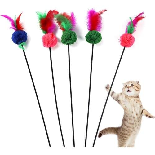 Dorakitten 1pc Cat Teaser Wand Woolen Ball Decor Artificial Feather Cat Wand Toy Cat Interactive Toy Pet Supplies Random Color