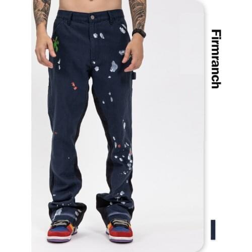 Firmranch New Graffiti Splashed Ink Jeans For Men 2021 Wide Foot Denim Jeans Homme Original Pant Motorcycle Trouse