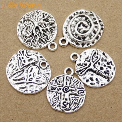Julie Wang 5pcs Round Charms Alloy Mixed Tree Cross Heart Dragonfly Pendant Necklace Bracelet Jewelry Making Accessory