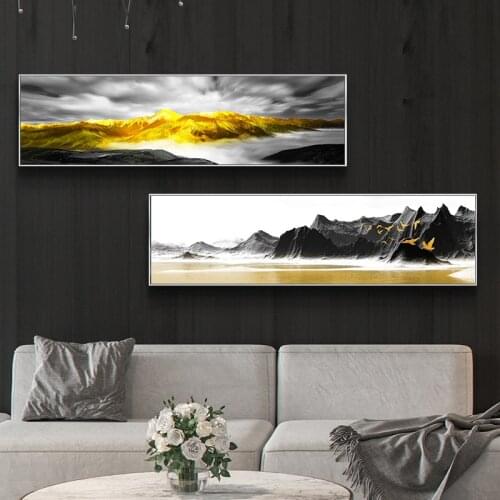Canvas Painting White And Black For Abstract Golden Art Mountain Flying Birds Living Room Home Decor Wall Poster Picture