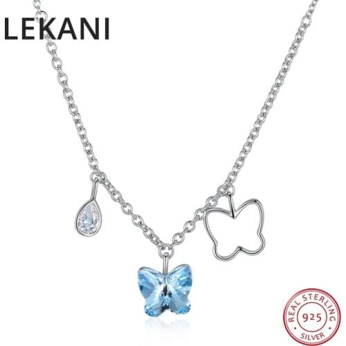 LEKANI Crystals From Swarovski Butterfly Tassel Pendants Necklaces Cute Fine Jewelry For Women Girls Real S925 Silver Collares