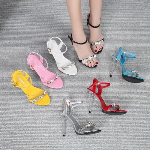 Fashion Shoes Peep-Toe PVC Rhinestone High Heels Buckle High Heel Tenis Candy Color Summer Sandals Crystal Heel Party Shoes 11cm