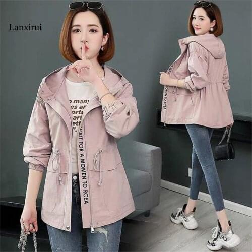 Fashion Windbreaker Womens Jacket Autumn Long Sleeve Hooded Jackets Pocket Zipper Coat Female Outerwear Plus Size