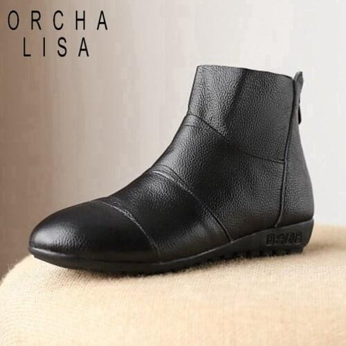 ORCHALISA Safe Walking Elderly Winter Plush Boots For Women Sport Shoes Female Mom Genuine Leather Ankle Shoes Ladies Fashion