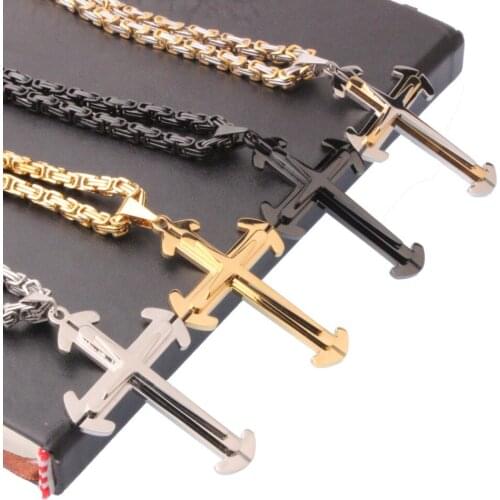 Fashion Polished Stainless Steel Vintage Christian Jesus Cross Pendant With 5mm Byzantine Link Chain Necklace Mens Boys Jewelry