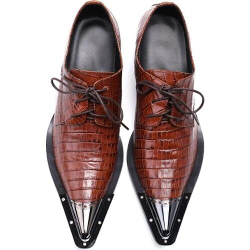 Coffee Men Shoes Genuine Leather Crocodile Skin Iron Toe Oxford Shoes Metallic High Heels For Men Office Shoes Zapatilla Hombre