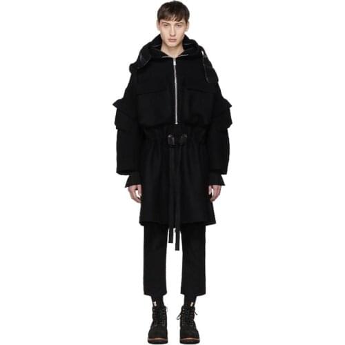 Mens woolen coat mid-length stitching waist waist hood customization designer style