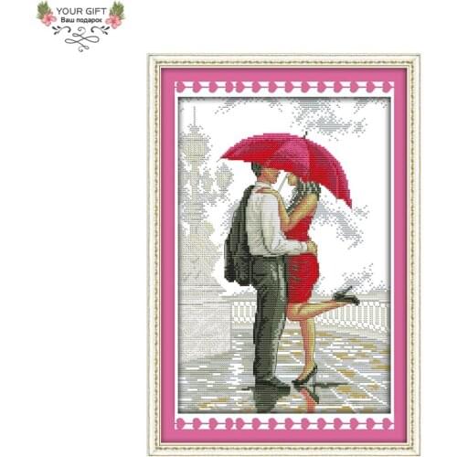 Joy Sunday R900 Free Shipping 14CT 11CT Counted and Stamped Home Decor Romantic Walking In Rain Embroidery Cross Stitch kits
