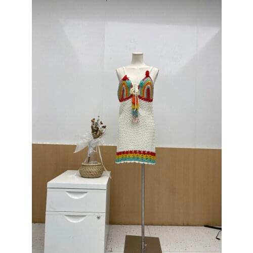 H80&S90 New Women Hot Sexy Mulit Crochet Tassles Straps Dress Female Handmake Knit Mini Beachwear Swimwear Swimsuit Cozy Dress