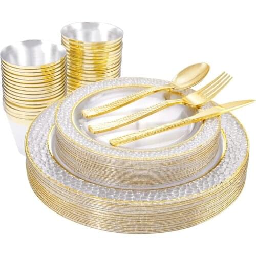 60 Pieces of Disposable Tableware Transparent Golden Plastic Tray With Golden Silverware Set Birthday Wedding Party Supplies