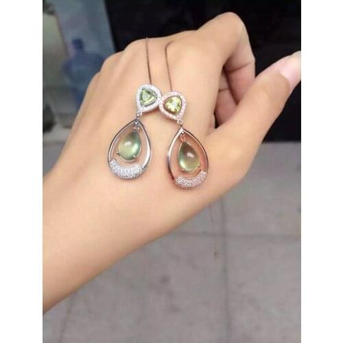 Natural green prehnite pendant S925 silver Natural red garnet Pendant Necklace trendy big water drop women party fine jewelry