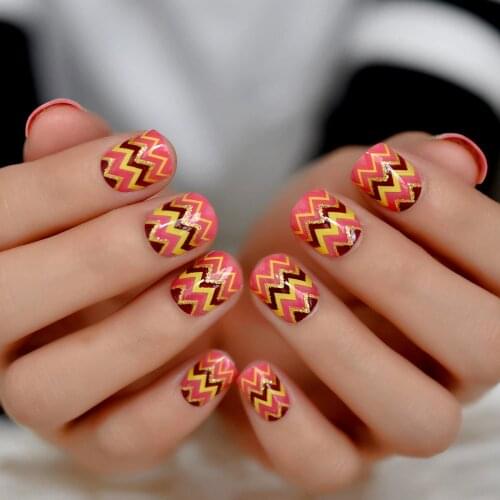 Stripe Square Nails Short Tomato Red Color Nails Sandwich Pattern Designed Tips Artificial Glitter False Nail 24