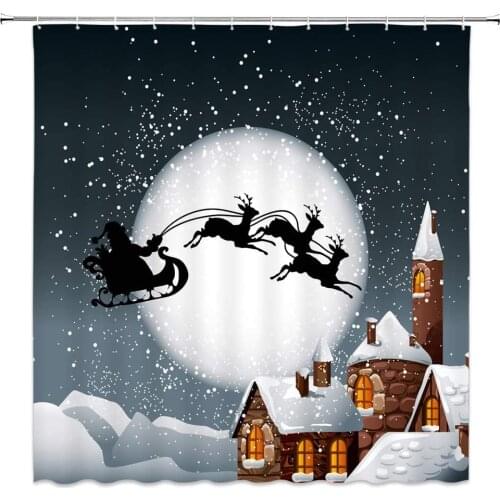 Christmas Cartoon House Shower Curtain Santa Claus Winter Snow Scene Bathroom Decor Waterproof Polyester Hanging Curtains Sets