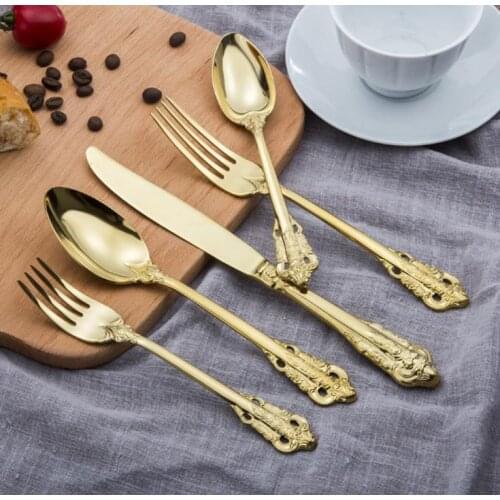 Retro style silver and gold cutlery flatware set high-grade tableware stainless steel 5-piece set knife fork spoon sets SN1071