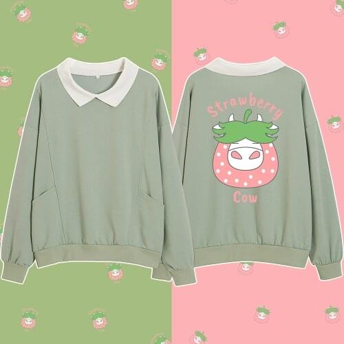 Strawberry Cow Print Hoodie Korean Style Turn-down Collar Sweatshirts Hoodie Oversize Women Autumn Cotton Cute Oversized Hoodies