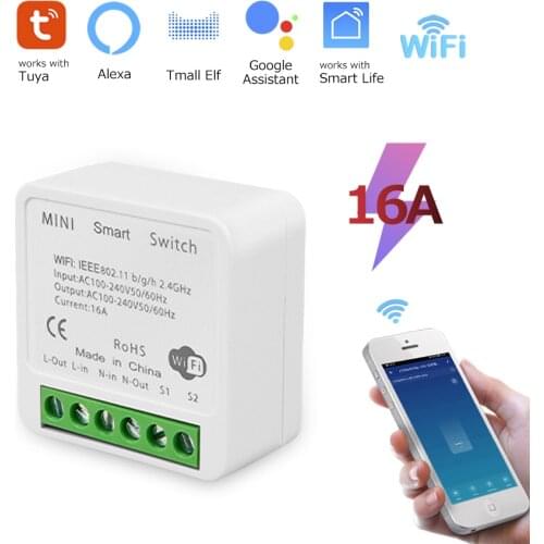 Tuya 16A Smart Switch DIY Mini Wifi Switch Button 2 Way APP Voice Timer Light Smart Life Interruptor Work For Alexa, Google Home