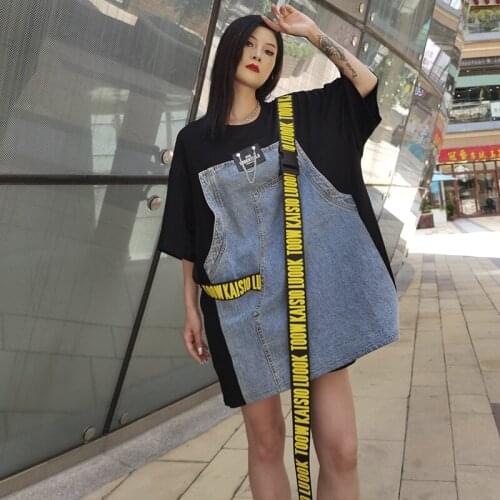 Summer Denim Patchwork Loose Long T Shirt Women Short Sleeved Fashion Large Size Webbing Snap Tee Oversize