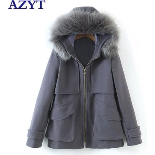 AZYT 2021 Winter Hooded Fur Collar Parkas Women Thicken Warm Solid Woolen Coat For Women Loose Casual Women Winter Jacket