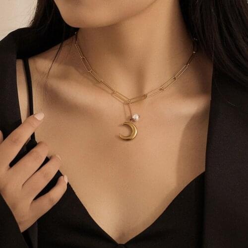 Simple Stainless Steel Moon Imitation Pearl Pendant Charm Square Short Chain Choke Necklace For Women Female 2021 Trendy Jewelry