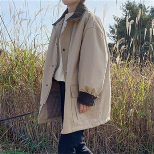 Patchwork Color-Hit Overcoats Chic Loose 2021 Autumn Leisure Thicken Cotton High Quality Women Casual Lady Coats