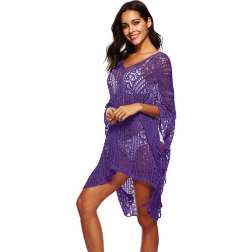 Women Summer Hollow Out V Neck Batwing Sleeve Beach Girls Purple Crochet Dresses Long Sunscreen Blouse Dress Sexy Ladies Tops