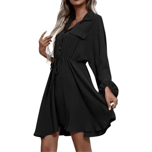 Plus Size Mini Dresses For Women 2021 Women Fashion Long Sleeve Shirt Dress Solid V-neck A-line Beach Dress Vestido De Mujer