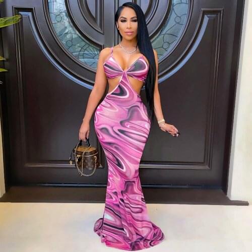 Women Rib Knit Dress Casual Printed Spaghetti Strap Open Back V Neck Maxi Dress Summer Sexy Hollow Out Party Club Long Dresses