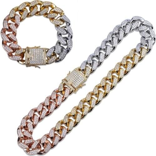 18mm Finish Mens Heavy Iced Zircon Tricolor Cuban Link Necklace Set Choker Bling Hip hop Jewelry Gold Rose Gold Silver Plated