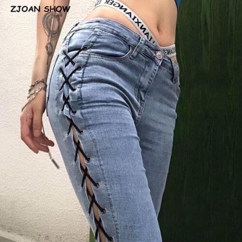 2020 Sexy Skinny Side Cross Lacing up Low Waist Pencil Jeans Women Slim Fit Stretch Denim Pants Full Length Denim Tight Trousers