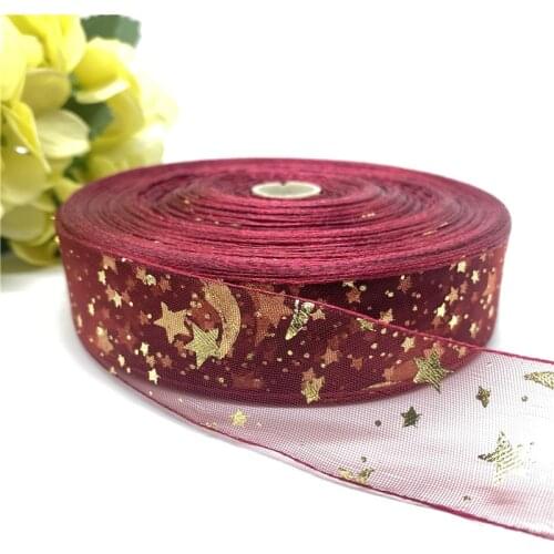 5Yardsl 25mm Transparent Gauze Ribbon Star Moon Printing Pattern Gift Packaging Christmas Ribbon DIY Handmade Accessories #13
