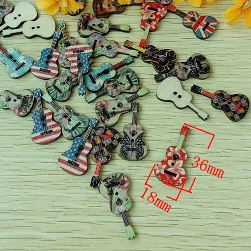 50pcs Guitar Shape buttons mixed printed Handmade wood buttons for Decorative children clothes 2 holes flat back sewing buttons