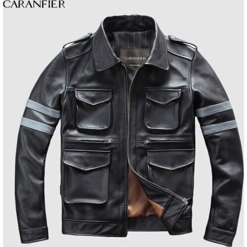 CARANFIER DHL Free Shipping Mens Genuine Leather Jacket Multi-pocket Luminous Letters Safety Tips Motorcycle Leather Jacket 3XL