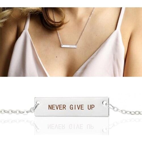 Churchill Quote "Never Give Up" Bar Engraved Letter Motivational Pendant Charm Life Inspirational Women Men Fashion Necklace