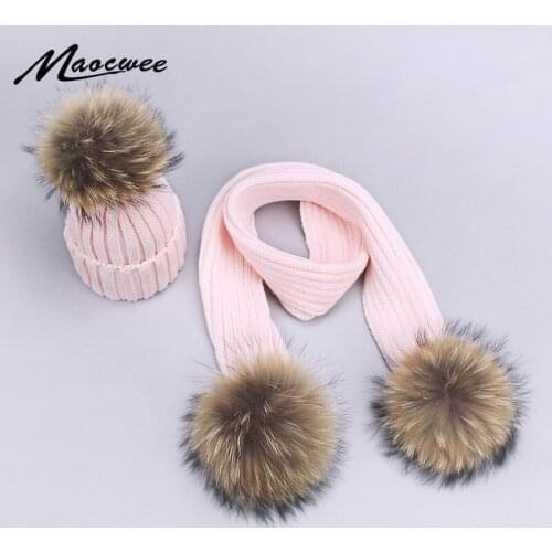 Children Adult Knitted Hat and Scarf Sets Winter Women Men Nature Fur Pompom Hat Cap Scarf Kids Baby Pom Pom Beanies Hats Bones