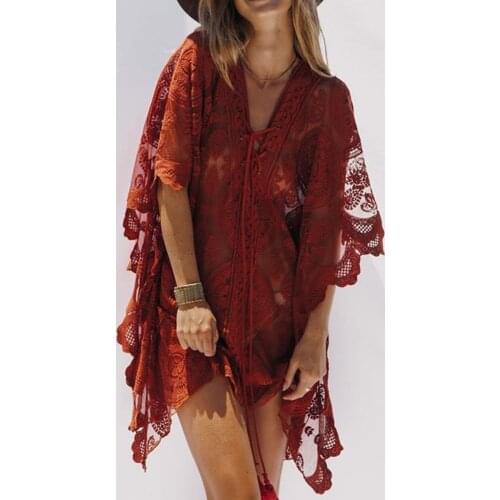 Jastie 2021 Women Summer Dresses Irregular Embroidered Lace V-Neck Loose Sleeve Mini Dress Bohemian Beach Party Smocks Dress
